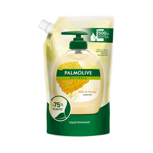 PALMOLIVE Recambio de jabón de manos líquido sin jabón, enriquecido con leche y miel PALMOLIVE Naturals 500 ml.