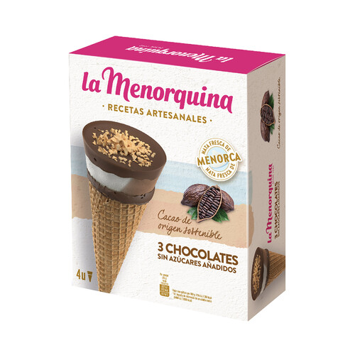 LA MENORQUINA Cono de helado de 3 chocolates sin azúcares añadidos recetas artesanales 4 x 120 ml.