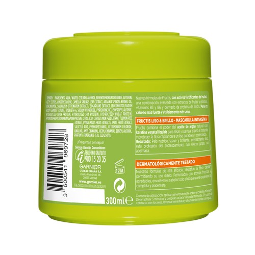 FRUCTIS Liso y brillo de Garnier Hidra liso Mascarilla capilar fortificante para cabello rebelde o difícil de alisar 300 ml.