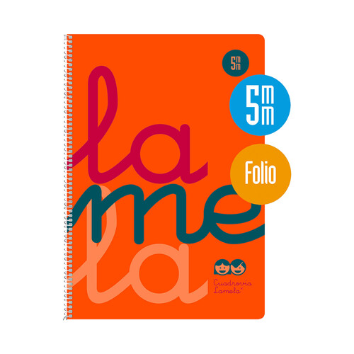 Cuaderno de espiral tamaño cuarto con 80 hojas de cuadrovía 5mm, 90gr. Cubierta plastificada color naranja. EDITORIAL LAMELA.