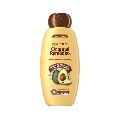 ORIGINAL REMEDIES Champú antiencrespamiento con aceite de aguacate y manteca de karité para cabello rebelde y difícil de controlar ORIGINAL REMEDIES de Garnier 600 ml.