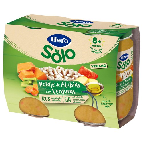 HERO Solo Tarritos de potaje de alubias con verduritas (textura con trocitos), a partir de 8 meses  2 x 190 g.