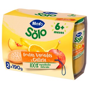 Imagen de HERO Solo Tarrito de frutas variadas (plátano, melocotón, manzana y naranja) con galleta, a partir de 6 meses 2 x 190 g.