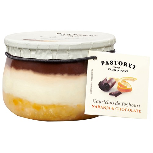 PASTORET Caprichos de yogur Yogur griego cremoso natural azucarado, con naranja y chocolate 150 g.