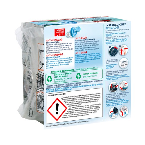 Recambio universal en tableta para deshumidificador, aroma frutal, RUBSON Aero 360°, 450grs.