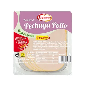 SERRANO Fiambre de pechuga de pollo, cortada en lonchas, lista para la plancha 110 g.