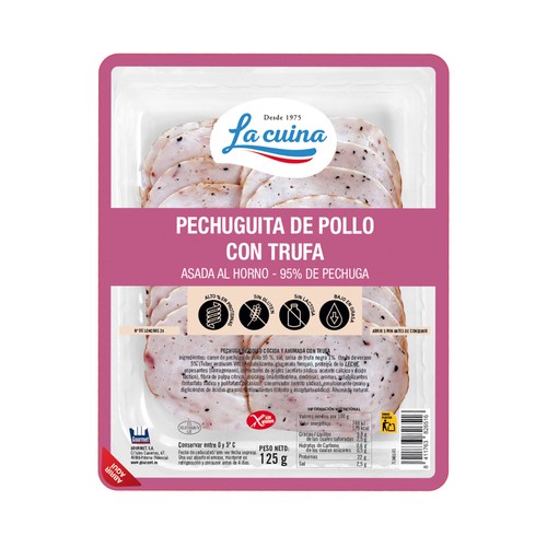 LA CUINA Pechuguita de pollo asada al horno con trufa, cortada en lonchas 125 g.