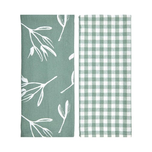 Set 2 paños 40x65cm algodón, diseño rama/vichy verde Home Sweet Home. TEXTILES DOSAN