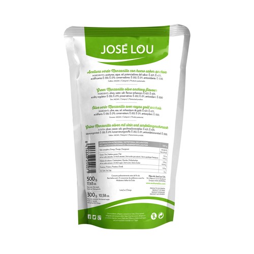 JOSÉ LOU Aceitunas verdes Manzanilla con hueso sabor anchoa 300 g.