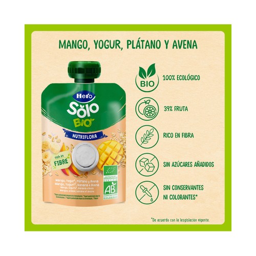 HERO Solo bio nutriflora Bolsita de frutas (mango y plátano), yogur y avena, a partir de 6 meses 100 g.