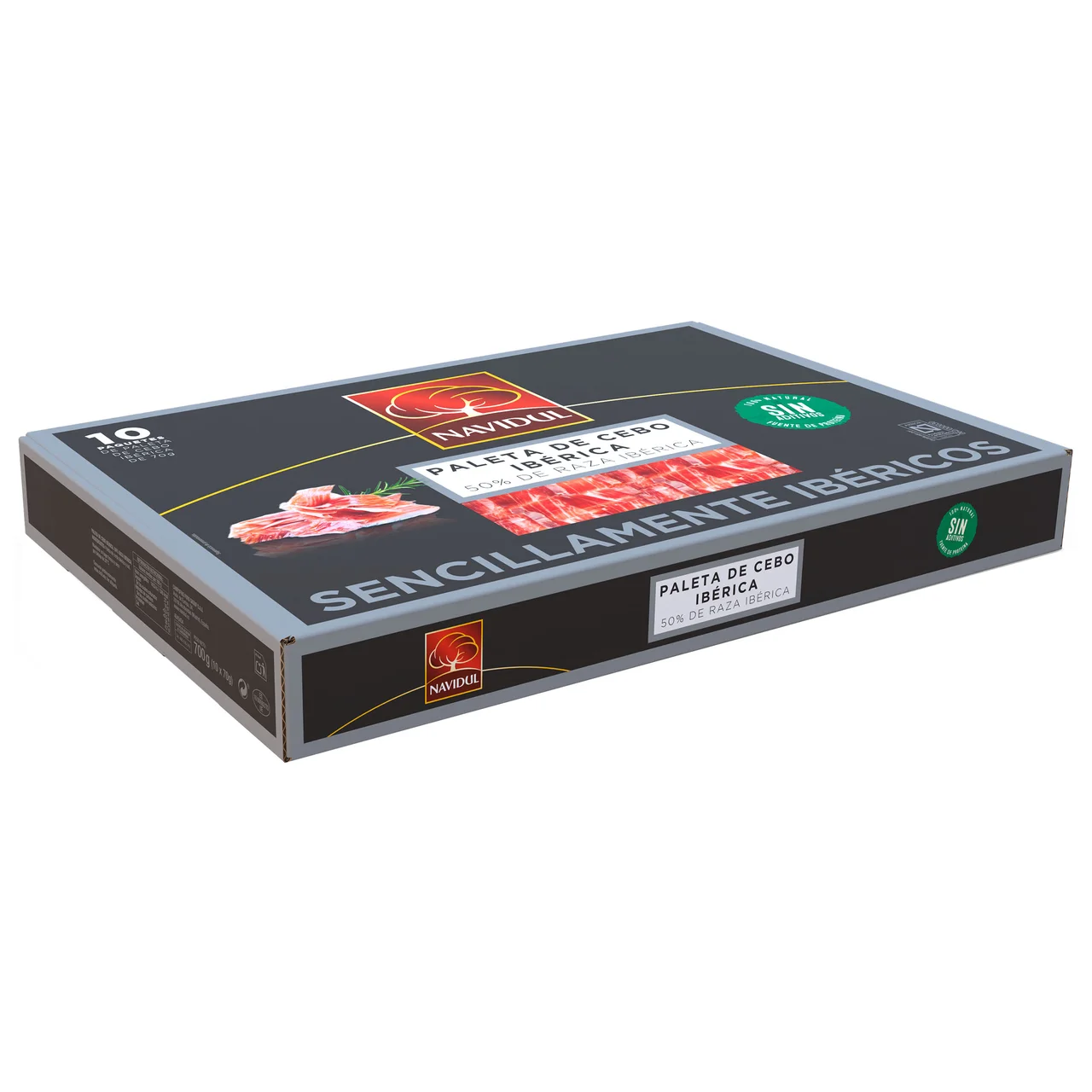 Maletín con 10 sobres de 70 g. de paleta de cebo ibérica (50% raza ibérica), cortada en lonchas.