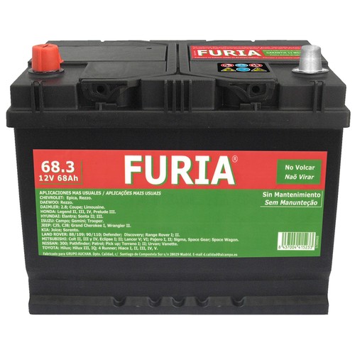 Batería de coche 68Ah, arranque 550A, 12V, L: 26,1cm, A: 17,5cm, H: 22cm, FURIA.
