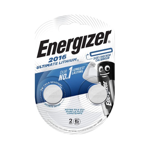 Pack de 2 pilas de botón de litio CR2016, 3V, ENERGIZER Ultimate Lithium.