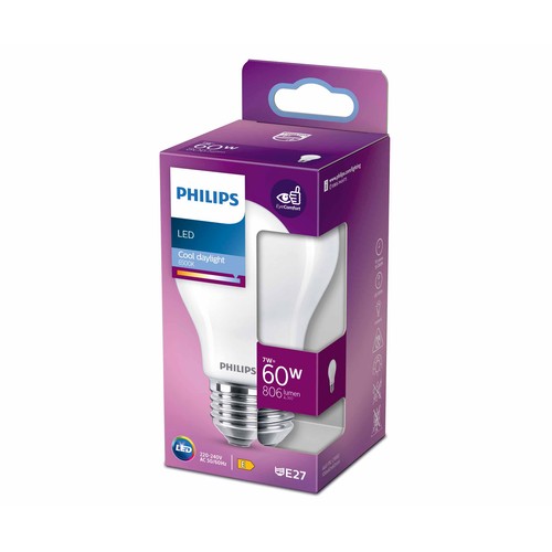 Bombilla Led E27, 7W=60W, luz fría 6500K, 806lm, PHILIPS.