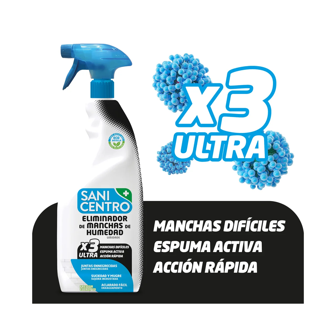 Spray eliminador de manchas de humedad, con espuma activa, acción rápida y aroma a eucalipto 750 ml.