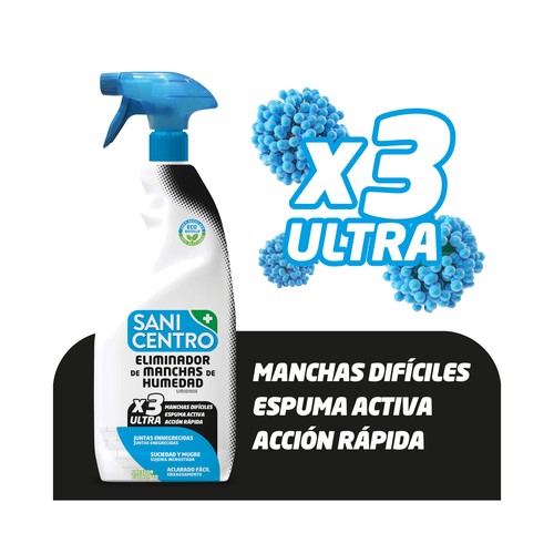 SANICENTRO Spray eliminador de manchas de humedad, con espuma activa, acción rápida y aroma a eucalipto 750 ml.