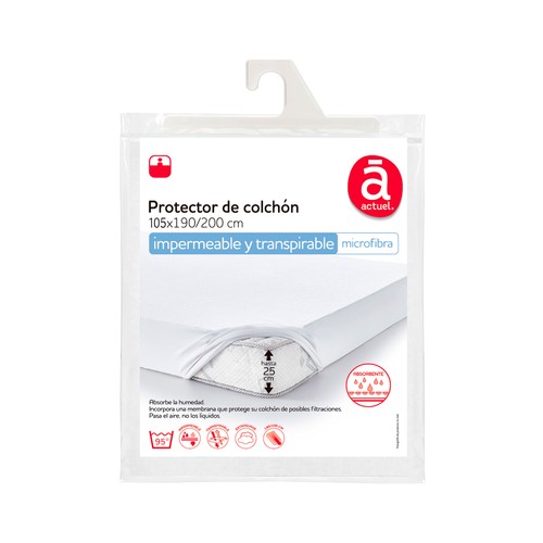 Protector colchón 105x190/200cm hasta 25cm de altura, de poliuretano, impermeable y transpirable, modelo Coralina. ACTUEL