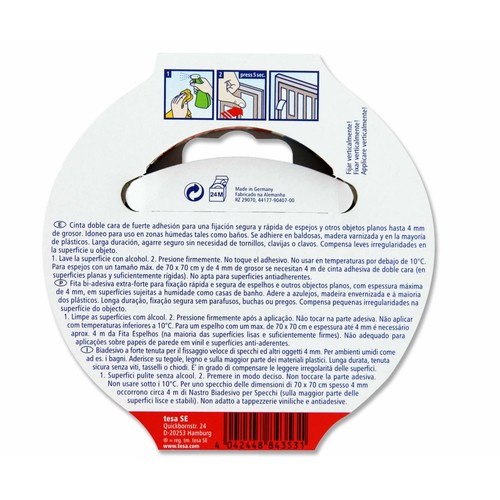 5 metros de cinta adhesiva de doble cara especial para espejos, 19mm., color blanco TESA Powerbond.