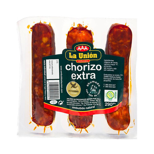 LA UNIÓN Chorizo asturiano extra, ahumado con leñá de Roble y elaborado sin glutén LA UNIÓN 290 g.