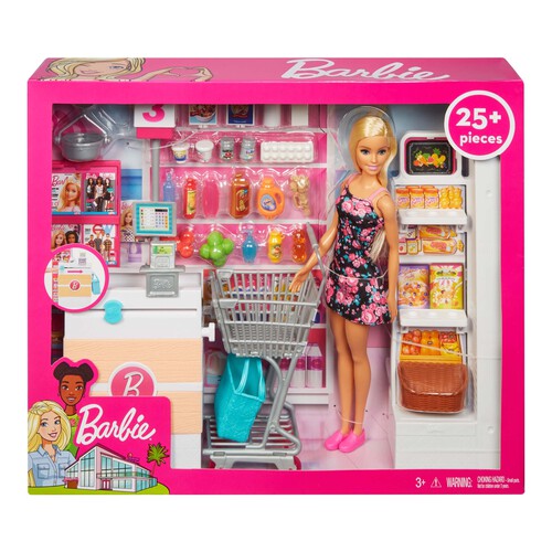Conjunto de juego Vamos al supermercado con muñeca Barbie y 25 accesorios, BARBIE.