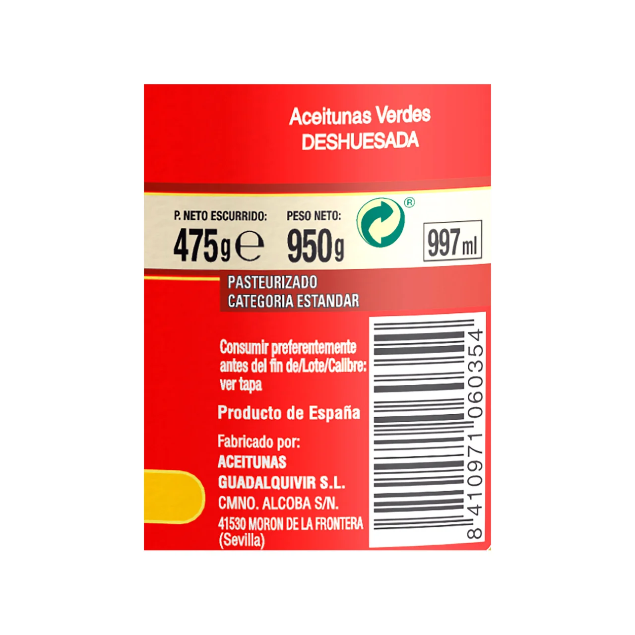 Aceitunas sin hueso 475 g.