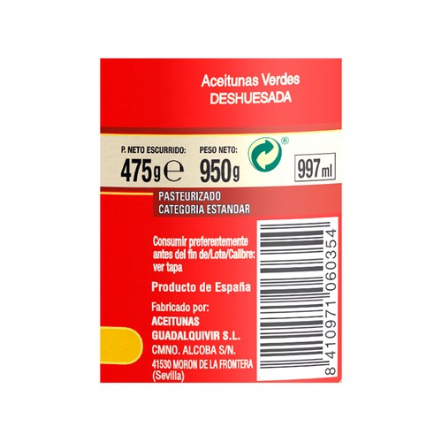 CUATRO CAMINOS Aceitunas sin hueso 475 g.