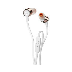 Auriculares tipo intrauditivo JBL T210 con micrófono, color blanco/oro.