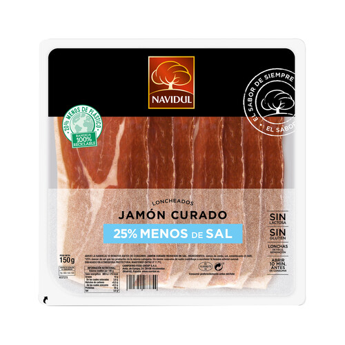 Jamón curado con un 25% menos de sal, cortado en lonchas NAVIDUL 150 g.