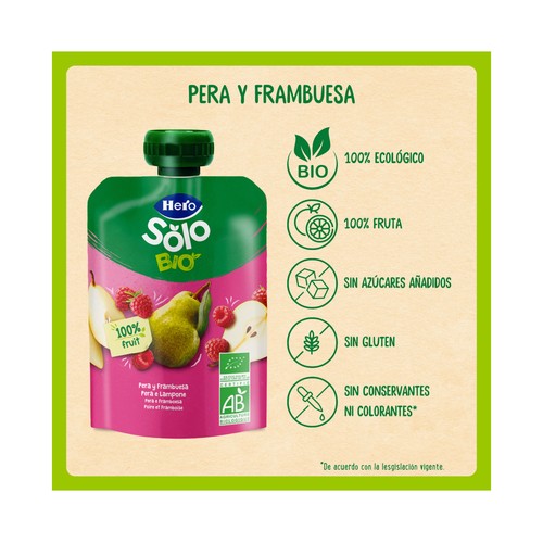 HERO Solo Bio Bolsita de pera y frambuesa ecológicas, a partir de 4 meses 100 g.