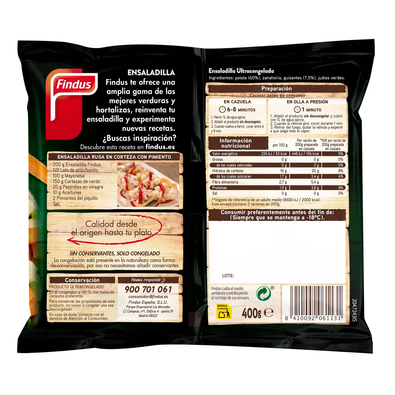 FINDUS Ensaladilla de patata, zanahoria, judía verde redonda y guisantes FINDUS 400 g.
