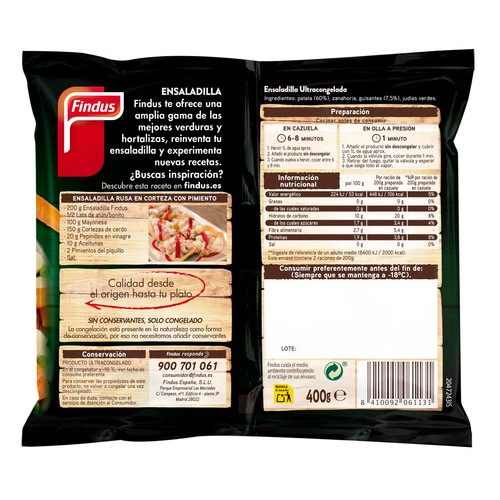 FINDUS Ensaladilla de patata, zanahoria, judía verde redonda y guisantes FINDUS 400 g.