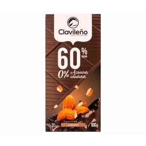 CLAVILEÑO Chocolate extrafino puro, 60 % cacao y almendras, sin azúcares añadidos 100 g.