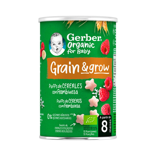 GERBER Snacks de cereales ecológios con frambuesas, a partir de 8 meses GERBER Organic grain & grow 35 g.