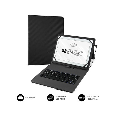 Funda para tablet 10,1" con teclado SUBBLIM Keytab Pro, conexión Micro Usb y Tipo C, función soporte, cierre magnético.