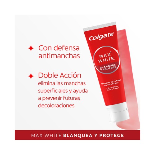 COLGATE Max white Pasta de dientes, acción blanqueante y protectora, sabor a menta 75 ml.