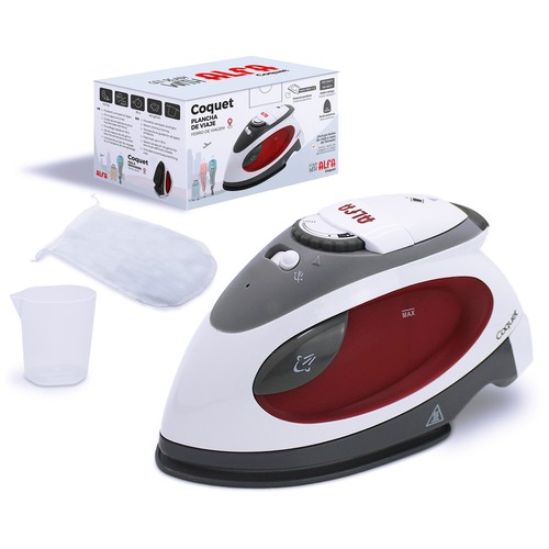 Plancha de vapor de viaje ALFA Coquet, suela cerámica anti-adherente, potencia 1100W
