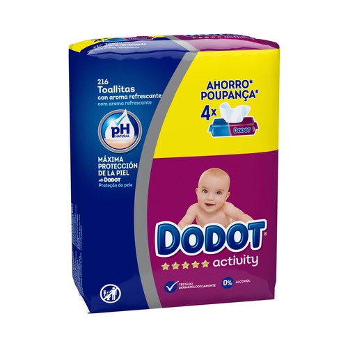 Toallitas humedas para bebé, con pH natural y aroma refrescante DODOT Activity 4 x 56 uds.