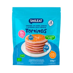 SMILEAT Cereales con avena integral y arándanos para preparar tortitas, a partir de 8 meses 125 g.