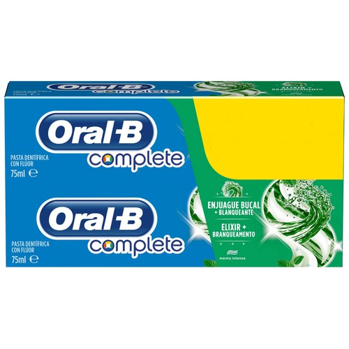 ORAL-B Pasta de dientes blanqueante con fluor y acción enjuague bucal ORAL-B Complete 2 x 75 ml.
