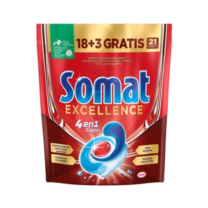 SOMAT Detergente en cápsulas para lavavajillas SOMAT EXCELLENCE 18 + 3 uds x 17,3 g.