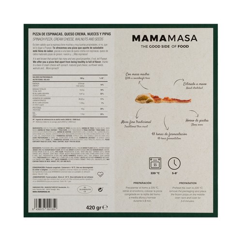 MAMAMASA Pizza congelada de espinacas, queso crema, nueces y pipas 420 g.