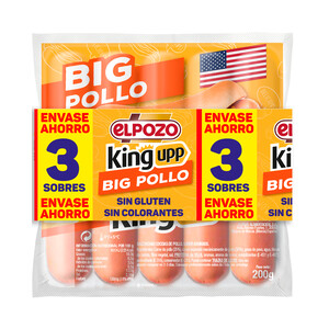 Imagen de EL POZO Big pollo king upp Salchichas cocidas de pollo, sabor ahumado 3 x 200 g.