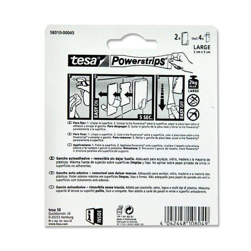 2 ganchos adhesivos blancos tamaño grande+4 tiras adhesivas TESA Powerstrip.