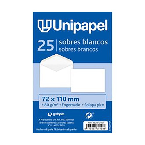 Paquete 25 Sobres Blancos Solapa Pico 72X110 mm, UNIPAPEL.