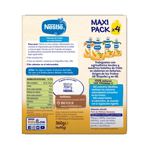 NESTLÉ Bolsitas de fruta (plátano y manzana) a partir de 4 meses Nestlé 4 x 90 g.