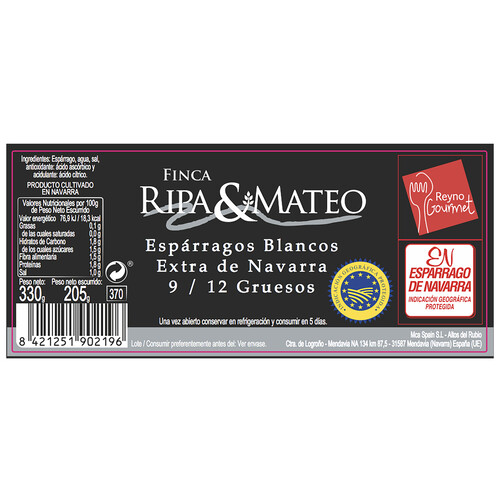 FINCA RIPA & MATEO Espárrago blancos Extra Navarra 9/12 frutos 205 g