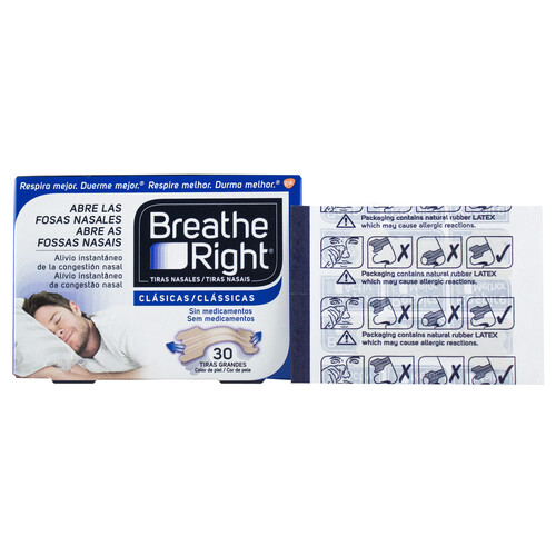 BREATHE RIGHT Tiras de tamaño grande y color piel, que facilitan la apertura de las fosas nasales BREATHE RIGHT 30 uds.