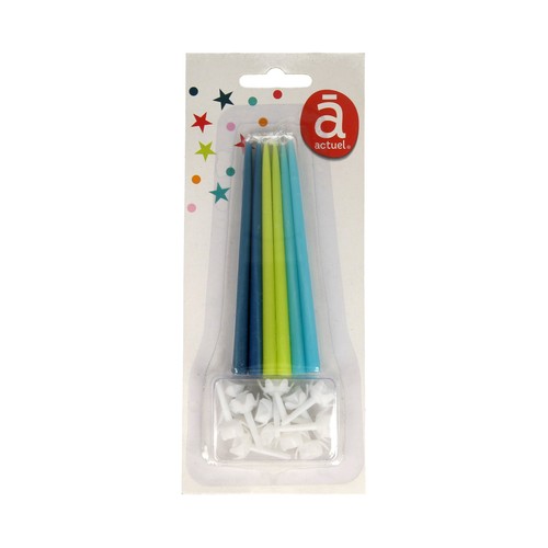 Pack de 12 velas finas de cumpleaños color azul y verde con soporte, ACTUEL.