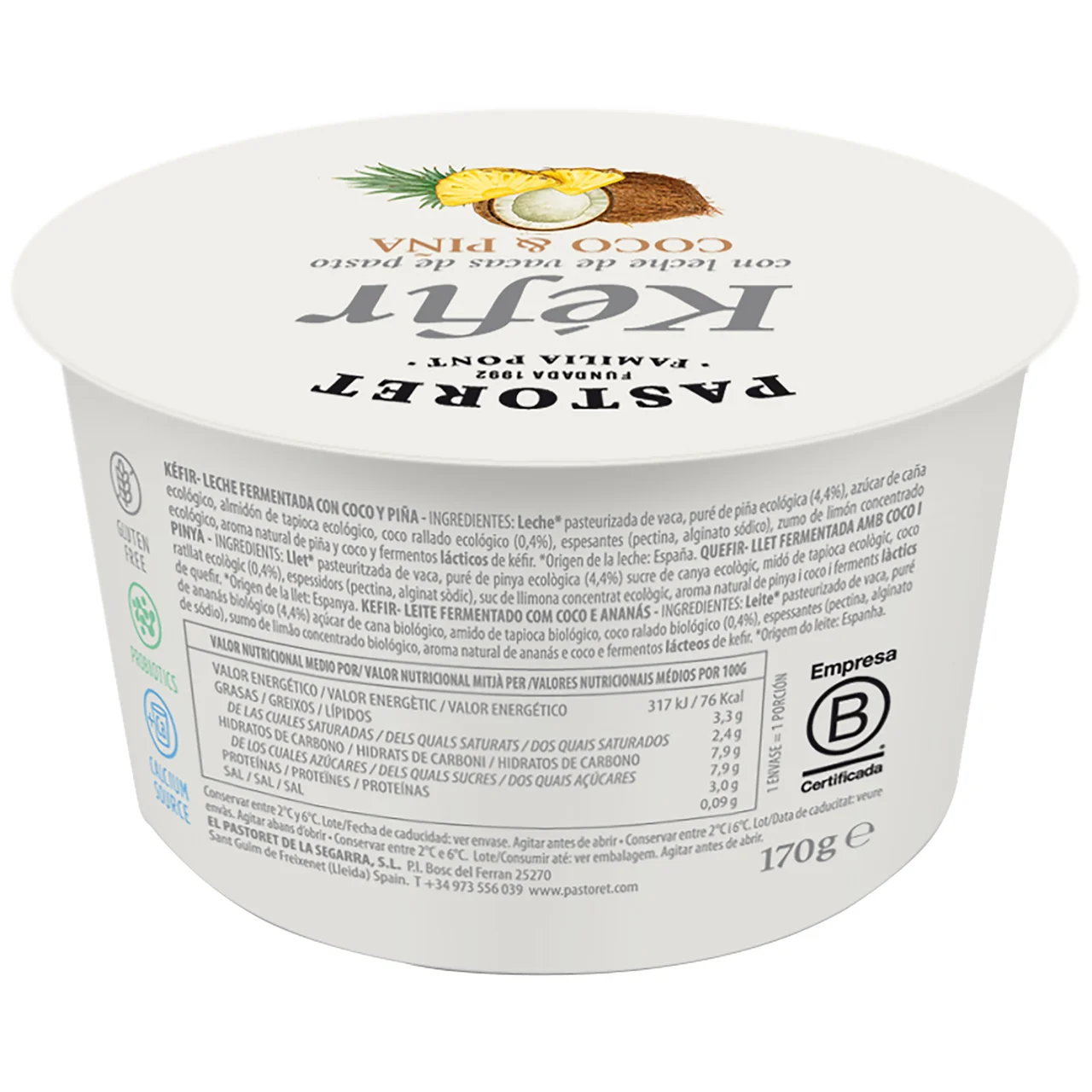 Kéfir con coco y piña elaborado con leche de vacas de pasto 170 g.