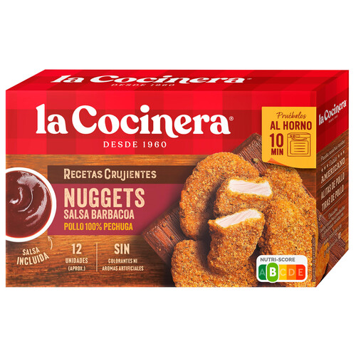 LA COCINERA Nuggets (pollo rebozado y prefrito) con salsa barbacoa Recetas crujientes 350 g.